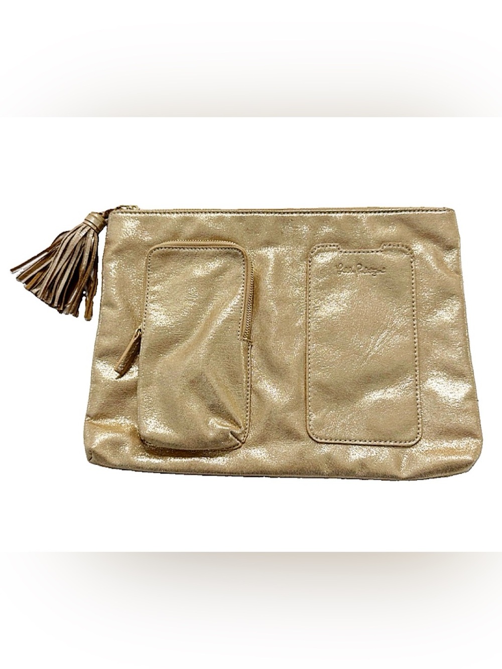 Lilly Pulitzer Gold Metallic Tassel Clutch Wristlet Pouch Travel Organizer